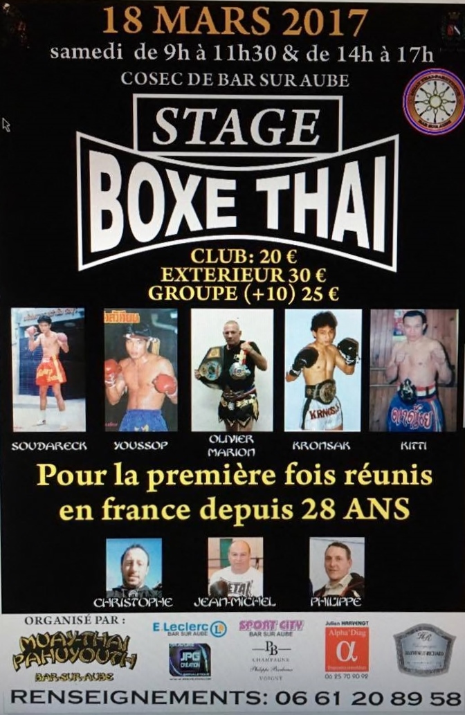 Affiche du stage de boxe thaï du 18 mars 2017, champions réunis en France depuis 28 ans