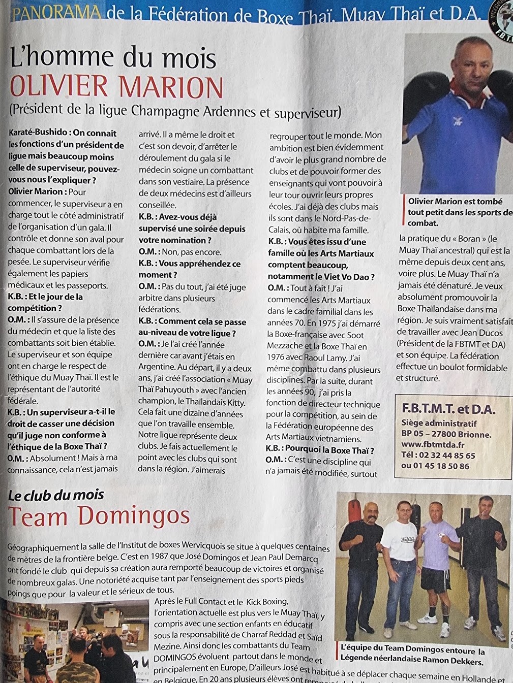 Article L'homme du mois consacré à Olivier Marion, Fédération de boxe thaï