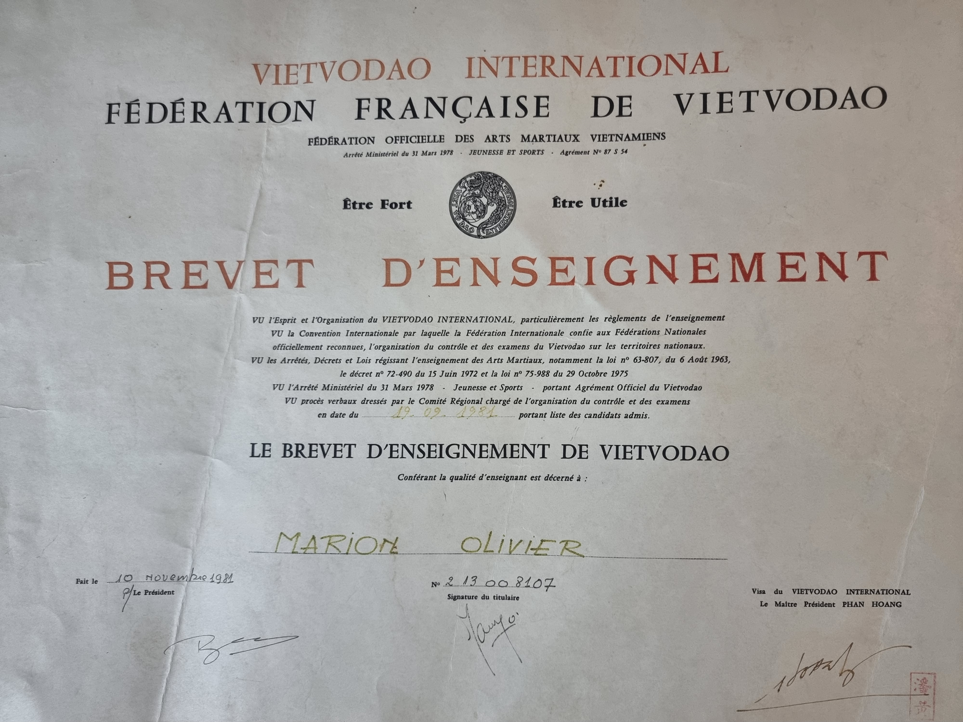 Brevet d'enseignement Vietvodao, Fédération française de Vietvodao