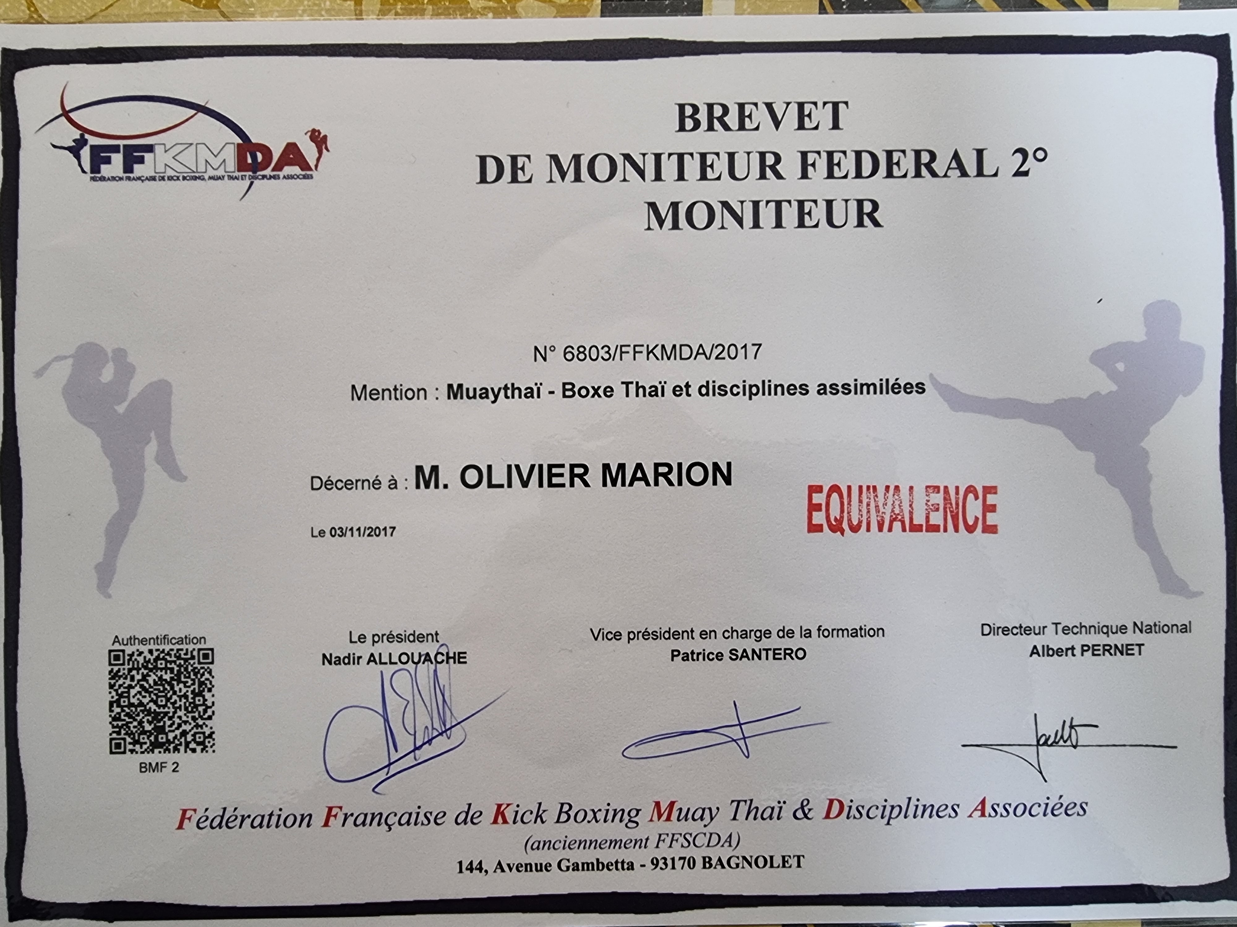 Brevet de moniteur fédéral 2e degré Muay Thaï délivré par la FFKMDA