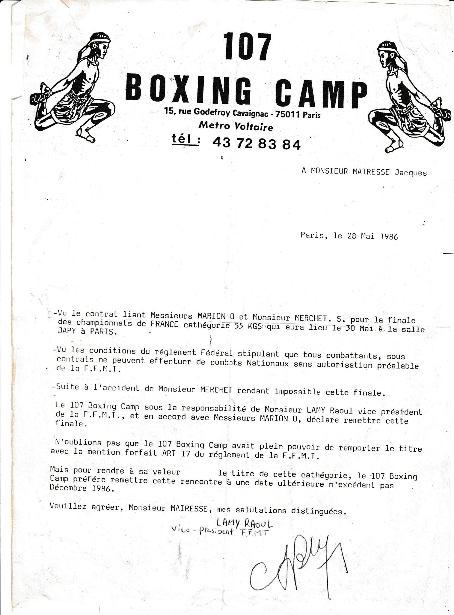Courrier officiel du 107 Boxing Camp, Paris, mai 1986