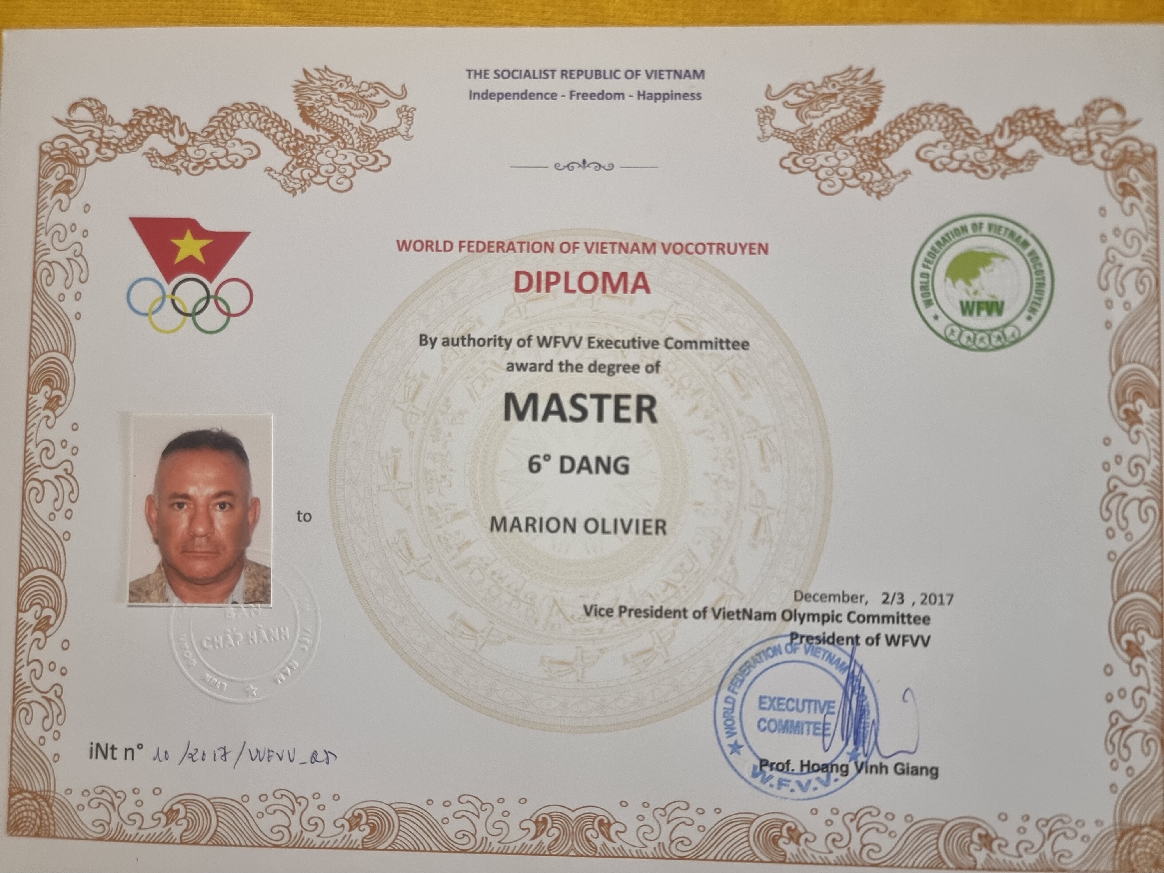 Diplôme de Master 6e Dang, World Federation of Vietnam Vocotruyen (2017)