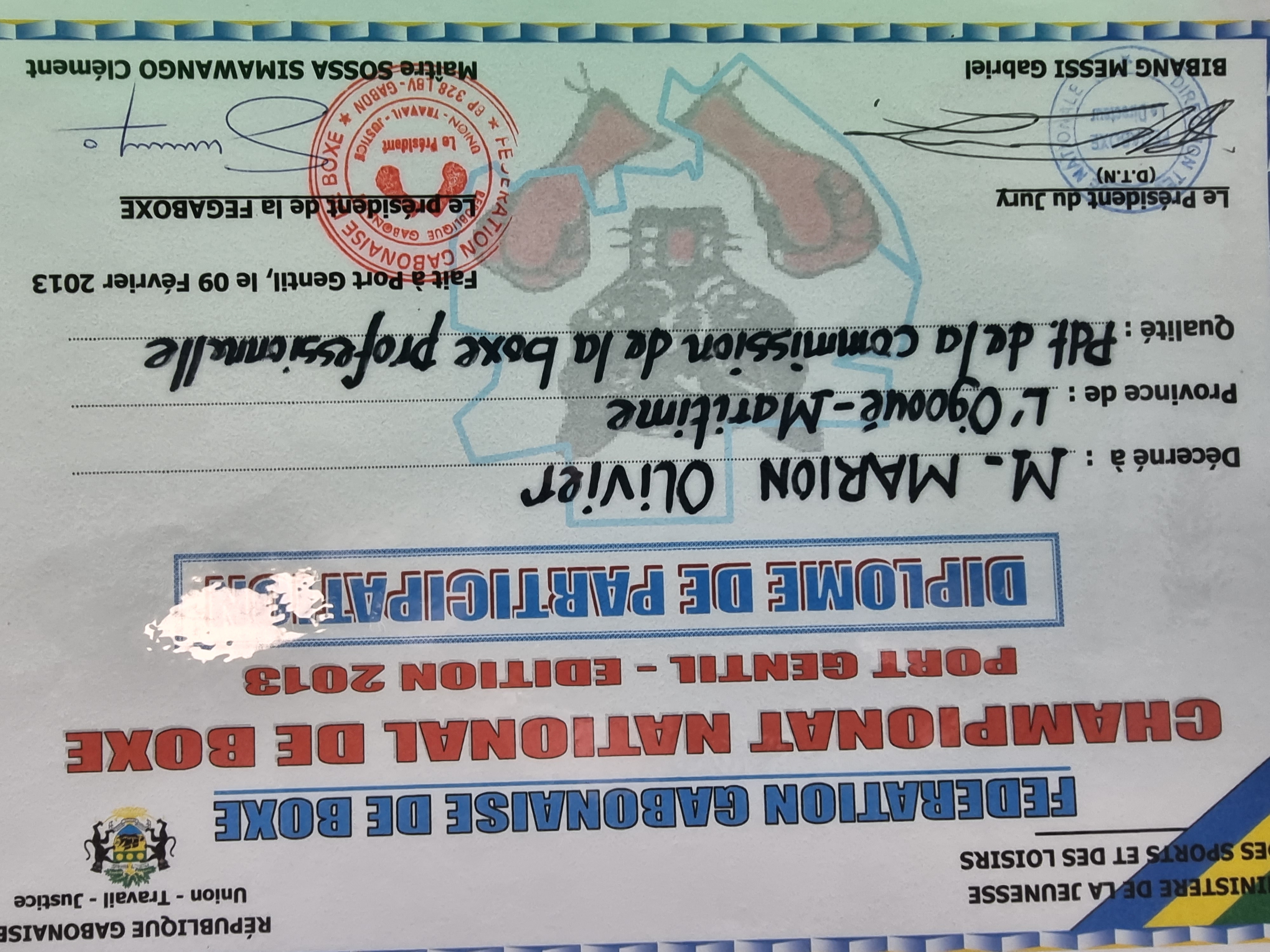 Diplôme du Championnat national de boxe, Fédération gabonaise de boxe, Port-Gentil 2013
