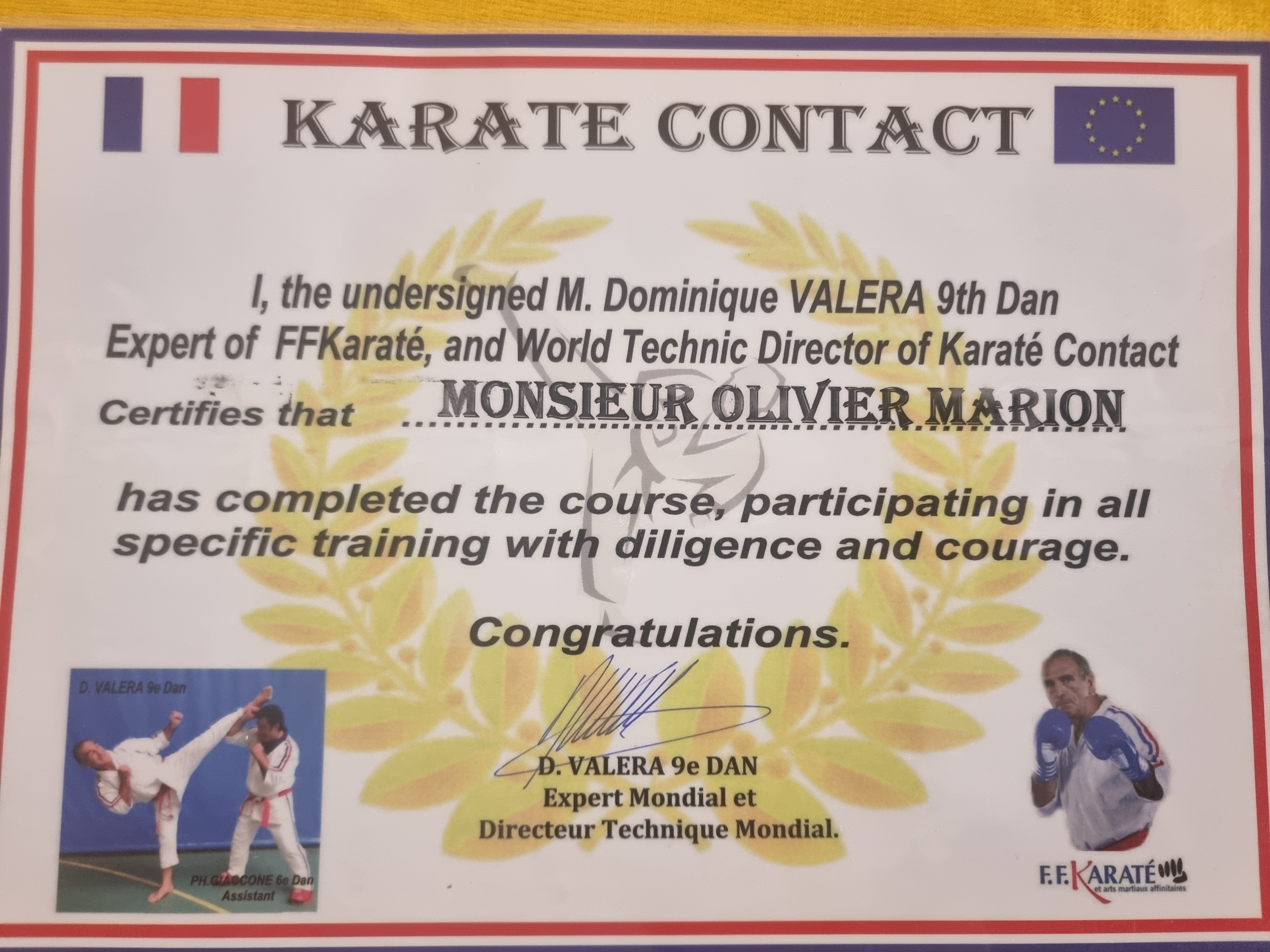 Diplôme Karaté Contact signé Dominique Valera, 9e Dan