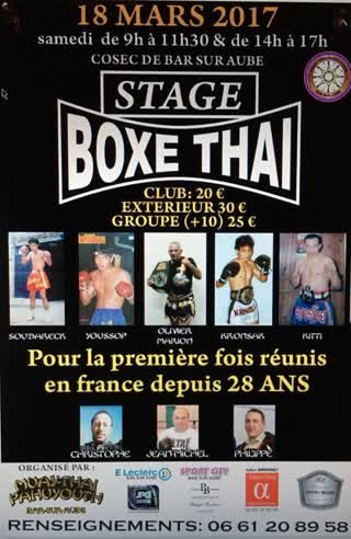 Affiche du stage de boxe thaï du 18 mars 2017, champions réunis en France depuis 28 ans