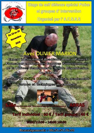 Affiche du stage de self-défense police et groupes d'intervention avec Olivier Marion (novembre 2016)