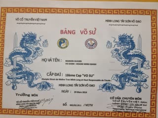 Bang Vo Su, diplôme de maître Minh Long Tay Son Vo Dao (2014)