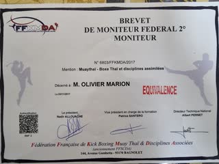 Brevet de moniteur fédéral 2e degré Muay Thaï délivré par la FFKMDA