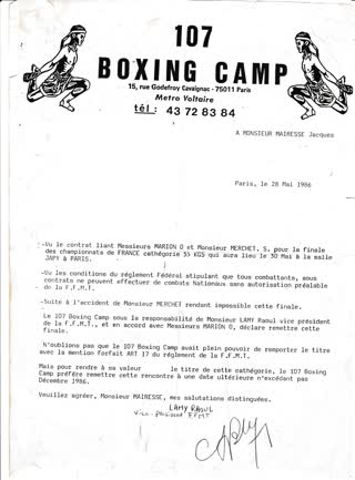 Courrier officiel du 107 Boxing Camp, Paris, mai 1986