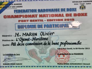 Diplôme du Championnat national de boxe, Fédération gabonaise de boxe, Port-Gentil 2013