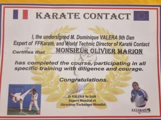 Diplôme Karaté Contact signé Dominique Valera, 9e Dan